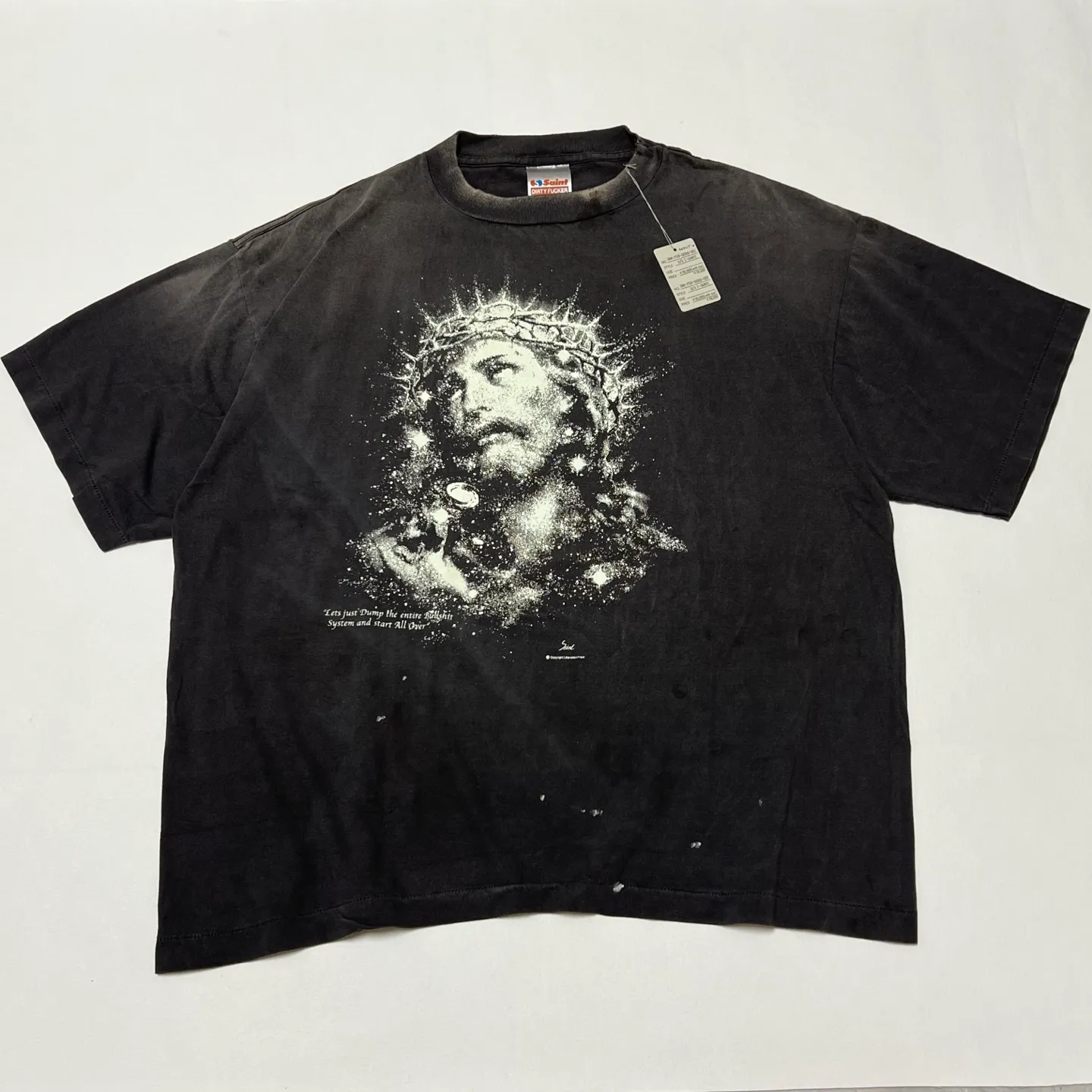 SAINT Mxxxxxx SS TEE/JESUS/BLK Luminous thorn Jesus, washed black S-XL, ready-to-wear vulcanized parts dyeing, heavy washing water spray fading, simulating natural fading texture, creating new vintage effect on the ceiling, environmentally friendly luminous paste imported from Japan, significant luminous effect, tube-woven OE yarn fabric, correct accessories, top purchasing agent level